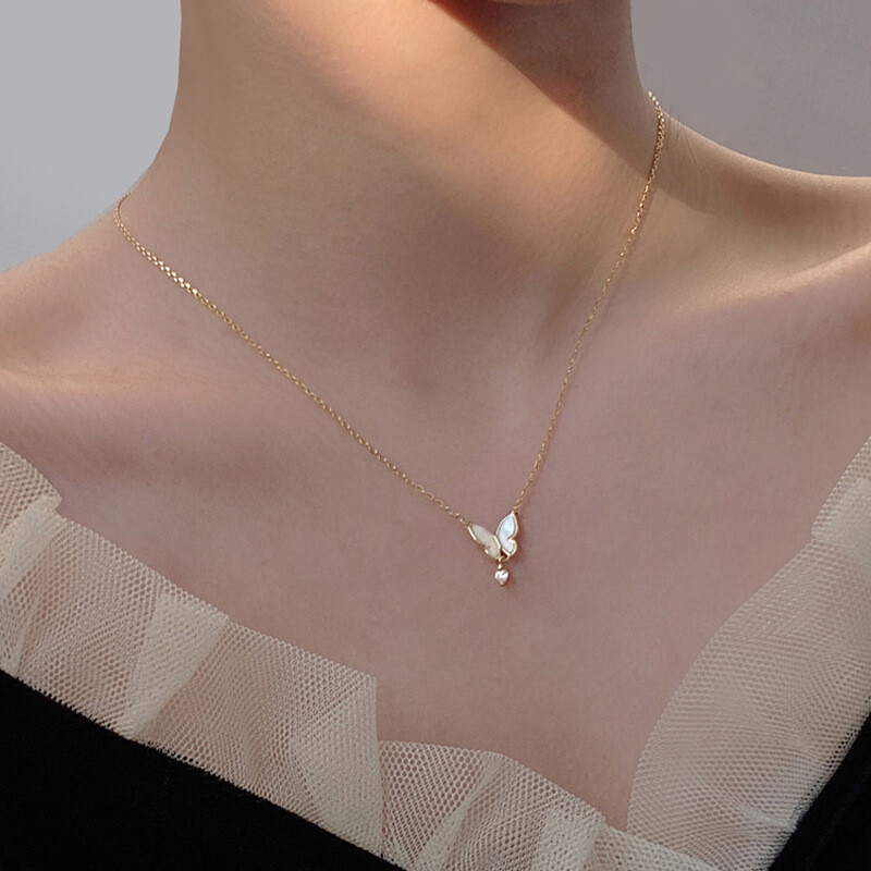 Gold Titanium S.Steel Flower Butterfly Shell Pendant Chain Necklace