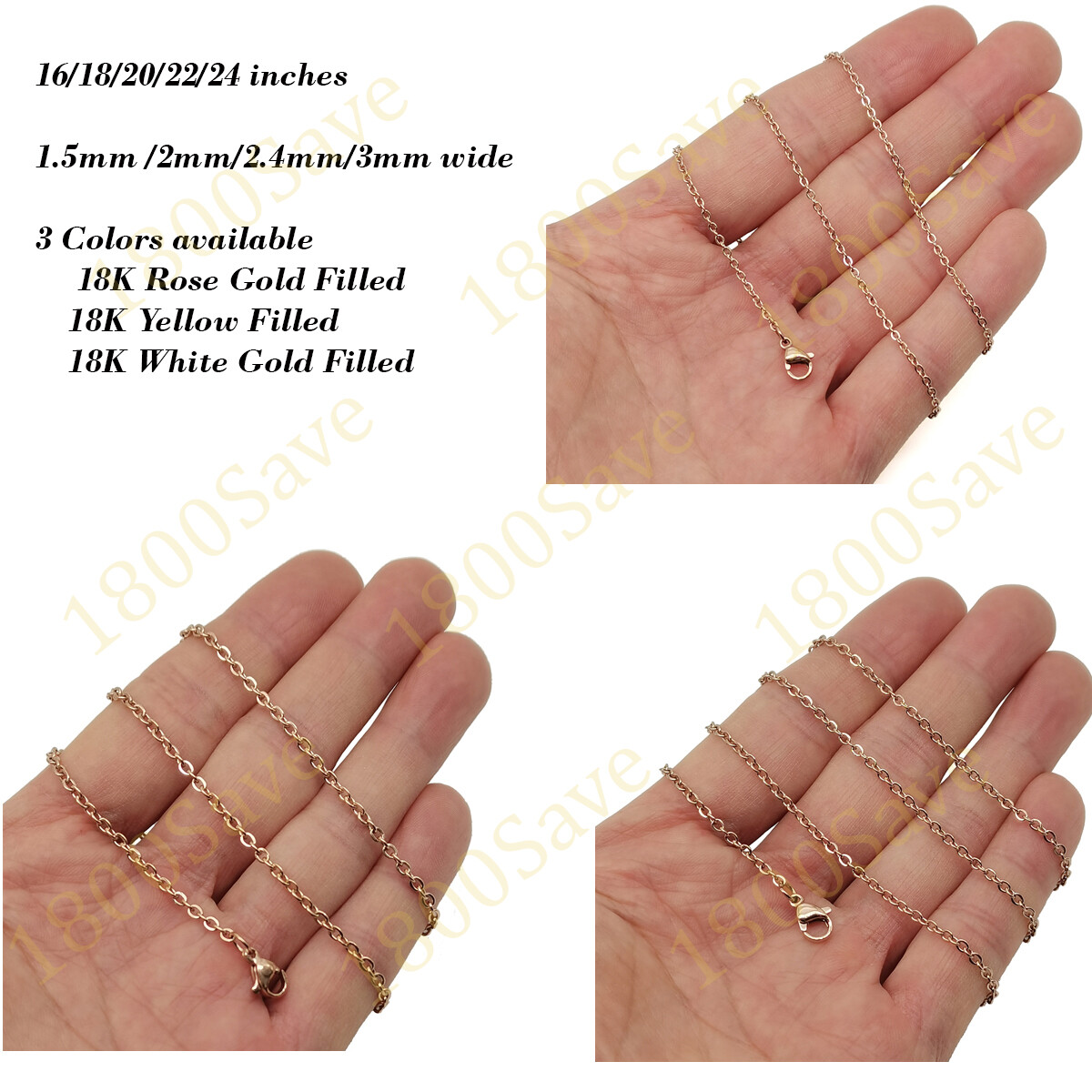 18K Rose Gold Filled 1.5mm/2mm/2.4mm 16″/18/20/22/24″ Cable Chain Necklace C146R