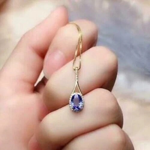 2Ct Oval Cut Simulated Tanzanite Lovely Charm Pendant In 14k Yellow Gold Plated