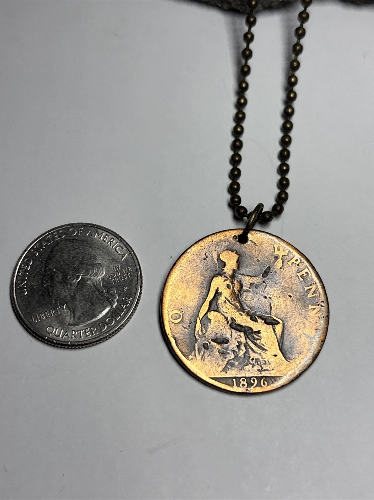 1896 UK Real Circulated P. Bronze Coin Pendant. Queen Victoria. Wear History!