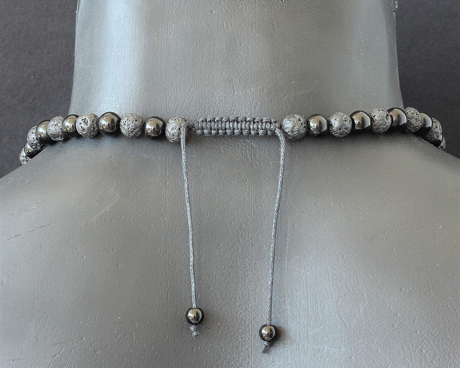 Mens Long Necklace Natural Black Lava & Black Onyx Beaded Healing Adjustable