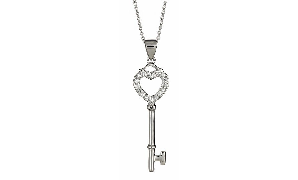 925 Sterling Silver Cubic Zirconia Heart Love Key Pendant Necklace – 18 Inch