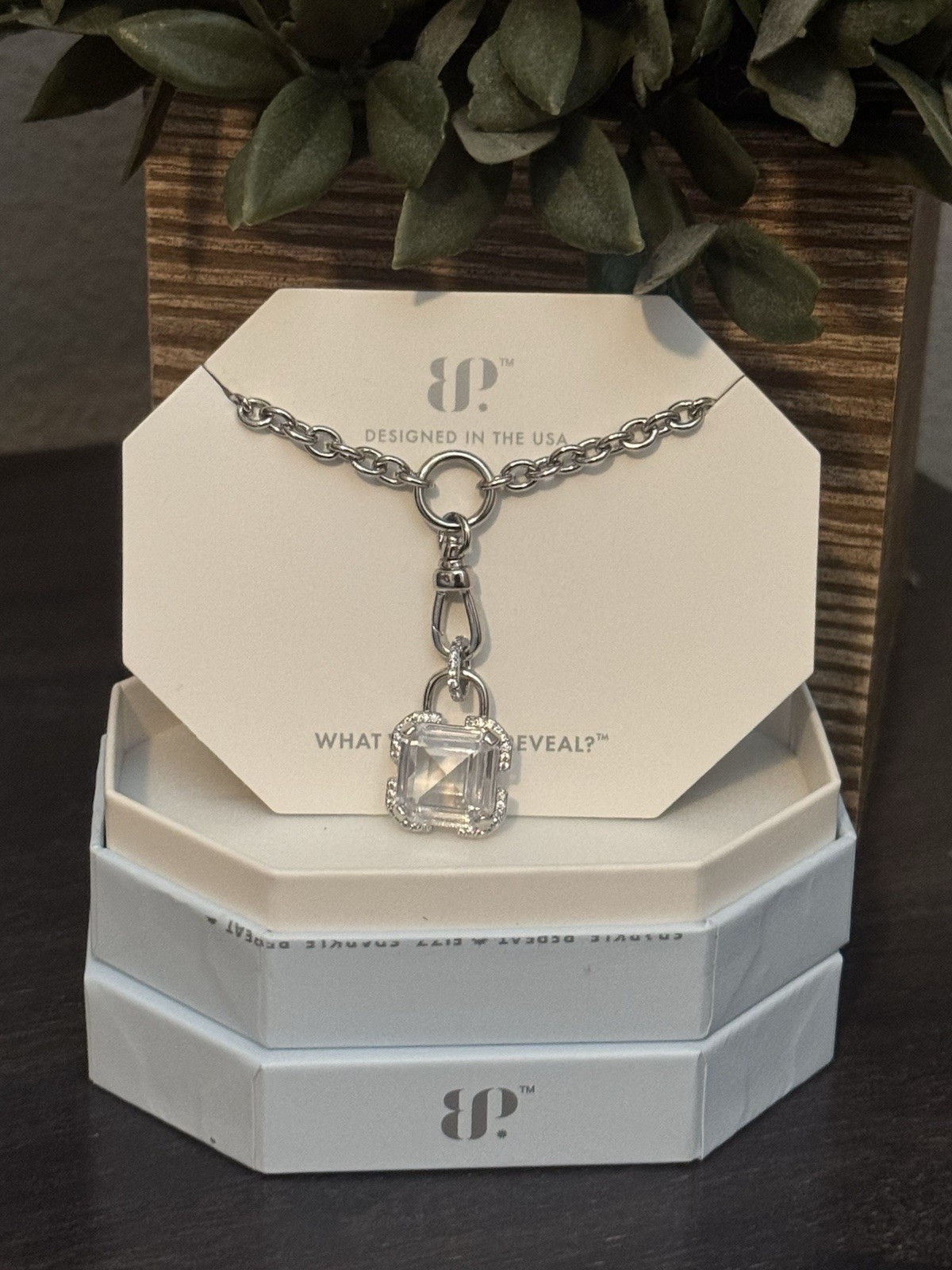 BP Diamond Cubic Zirconia Square Pendant Necklace Rhodium Plated 18″+2.5″ Ext