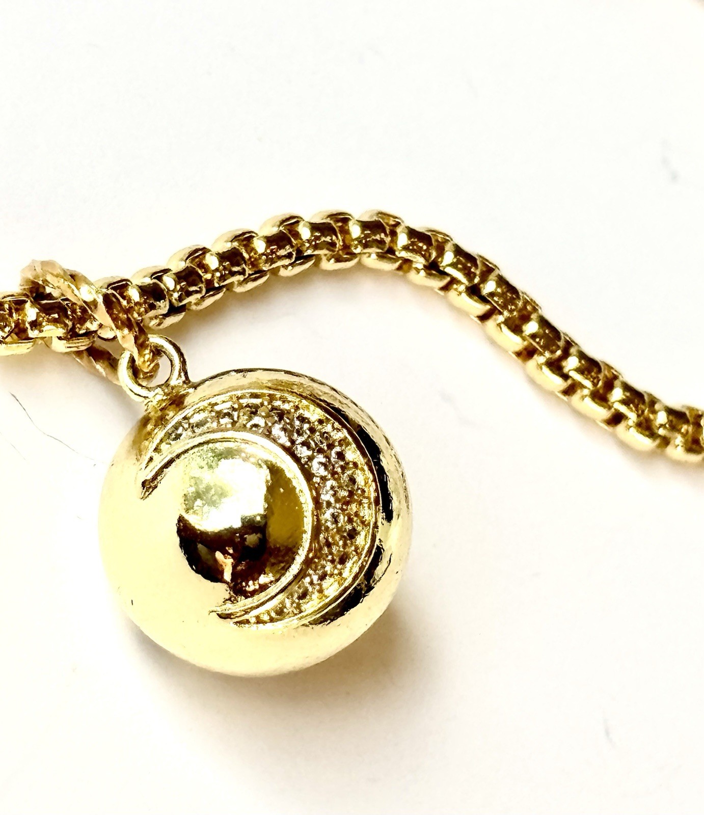 Pave Moon Ball Gold Tone Pendant with Stars Rounded Box Chain Necklace 16″ – 18″