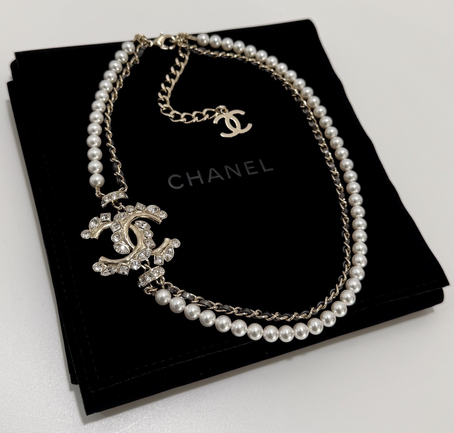 Chanel Pearl Crystal CC Necklace Bronze Leather 23P Adjustable Light Gold Chain