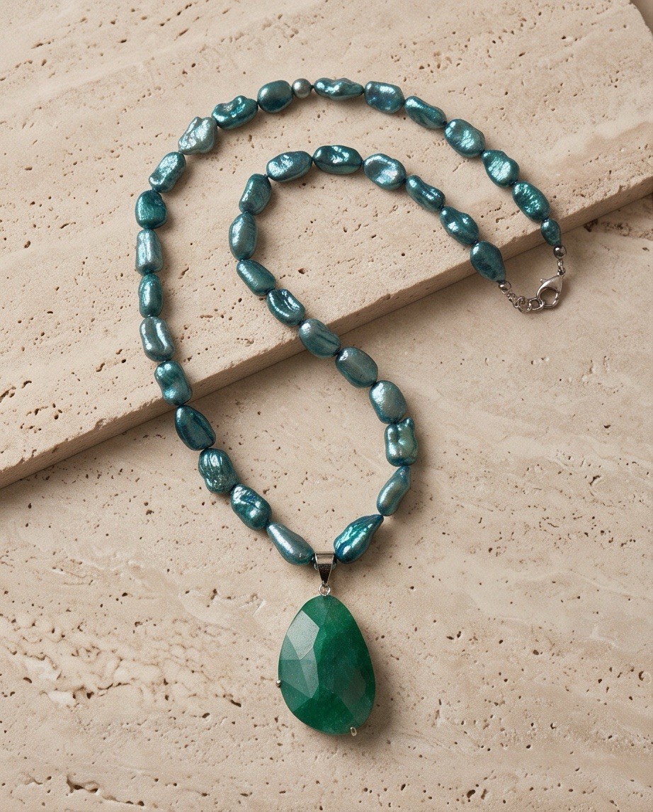 Teal Blue Baroque Pearl Necklace 54g Chunky Nugget w/ Green Stone Pendant St