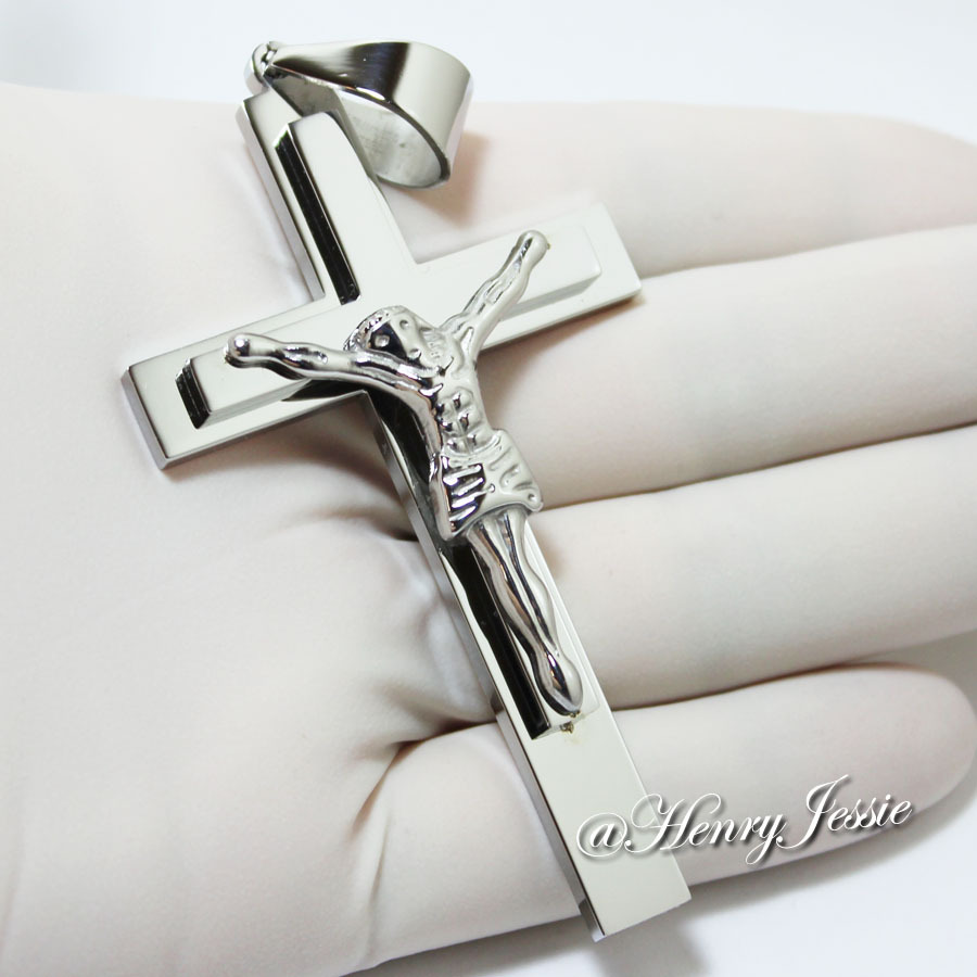 24″MEN Stainless Steel 11mm Silver Cuban Curb Chain Necklace Cross Pendant*BJ1