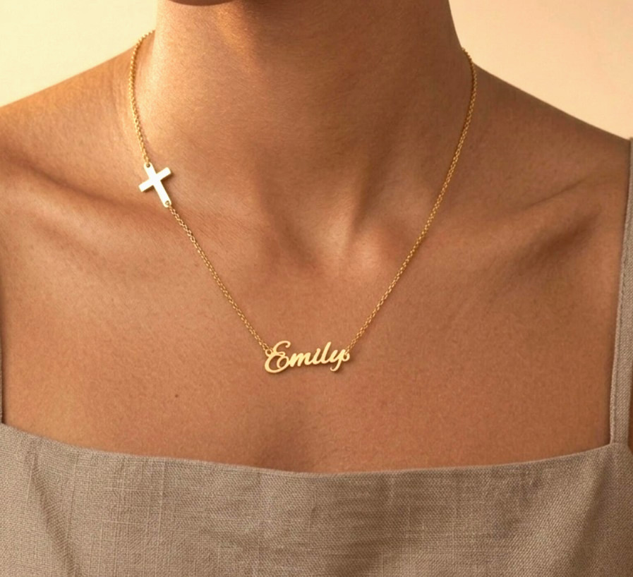 Custom Sideways Cross Necklace Personalized Cross Name Necklace Baptism Gift