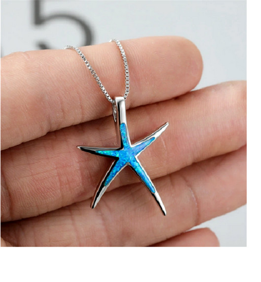 BLUE OPAL STARFISH SEA Pendant Charm On 20″ 925 Sterling Silver Necklace Women