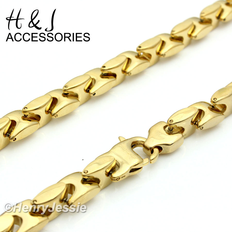 24″MEN Stainless Steel 8mm Gold Plated Interlock Bones Necklace Cross Pendant*28