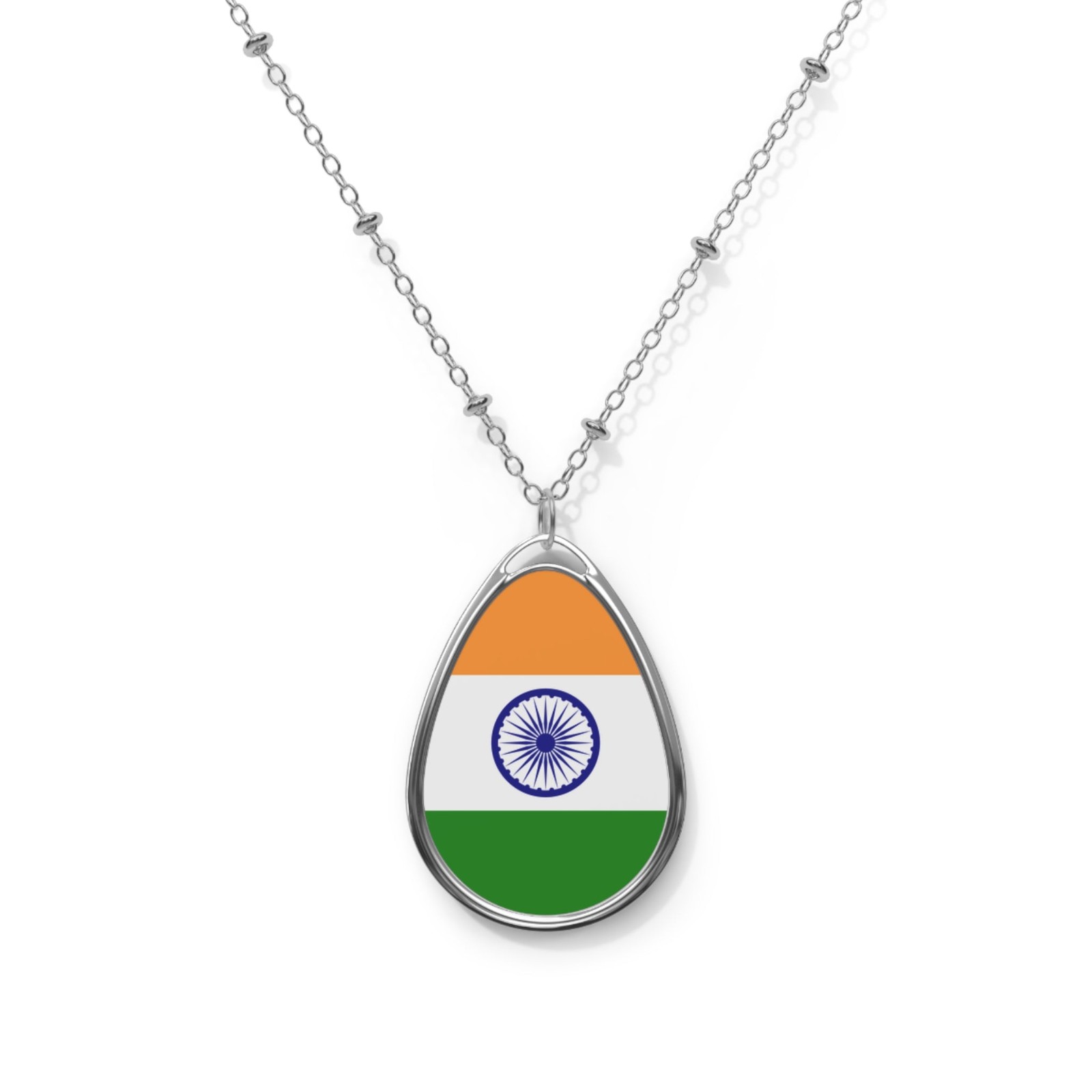 India Flag Necklace – Oval Indian Heritage Pendant – One Size / Silver