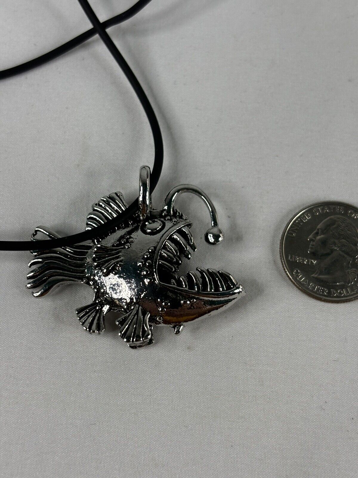 Angler Fish Tiki Necklace Silver Tone Metal Black Cord Surfer Beach Cute
