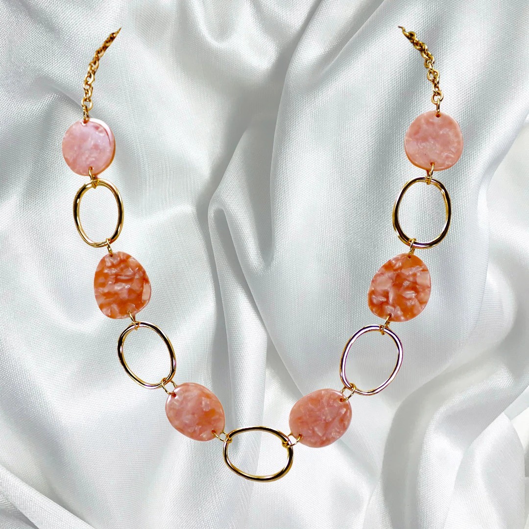 Pink and gold link necklace with pink flat marble look oval disk beads NEW