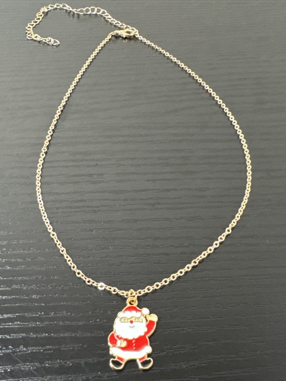 Christmas Santa Enameled Gold Tone 16” Necklace New