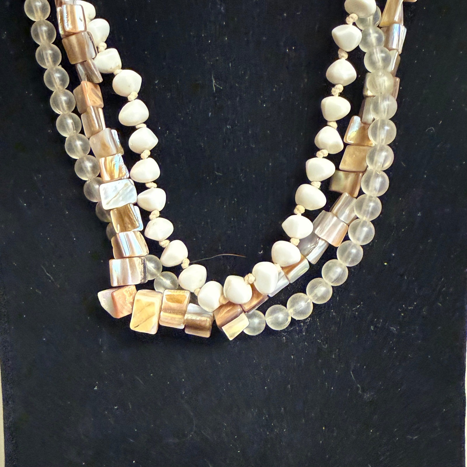 Multi Strand Mother of Pearl Shell and Frosted Bead Layered Necklace Boho