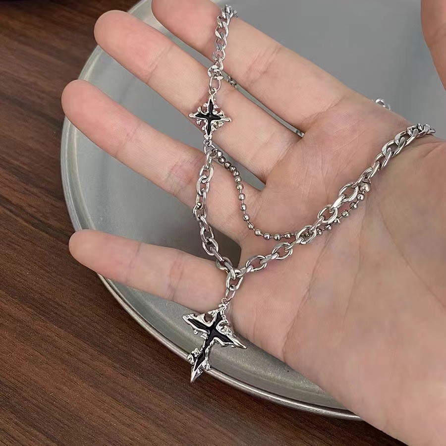 Double Layer Flame Cross Necklace Silver Black Unisex Y2K Mixed Chain Pendant