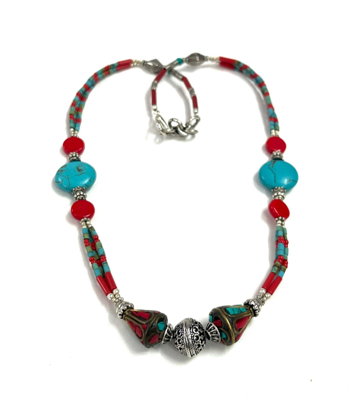 Tibetan Turquoise Coral Gemstone Handmade Necklace Jewelry, 18 Inch Adjs