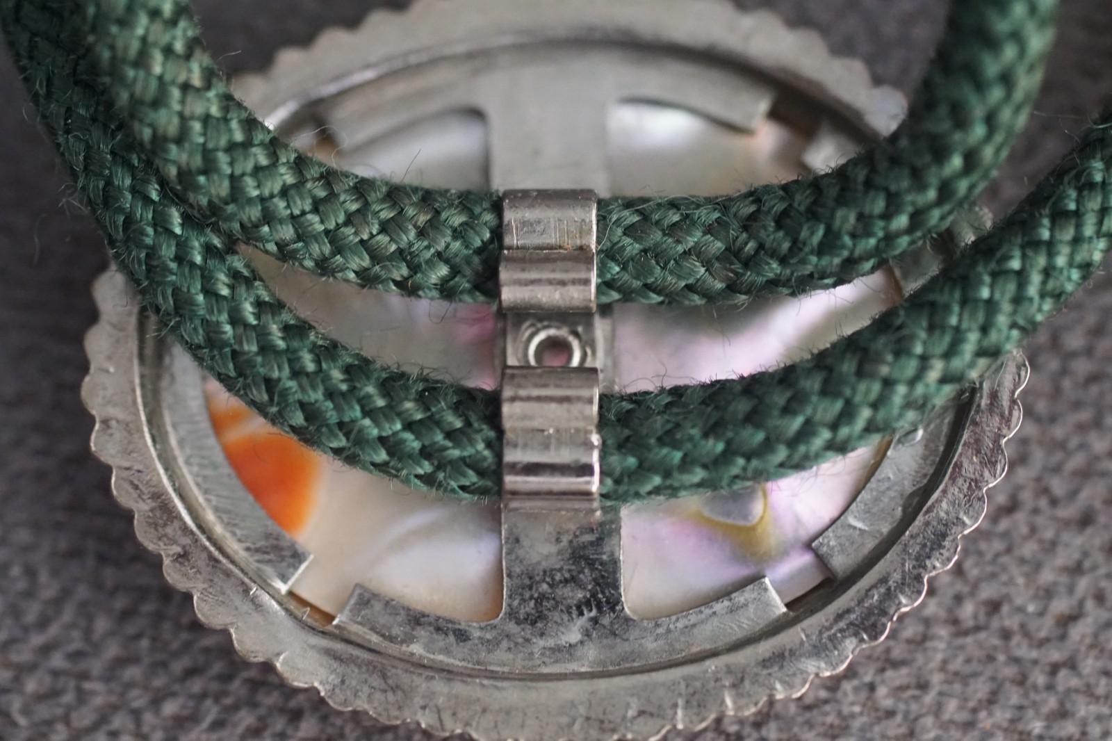 Vintage Abalone on Green Cord 18″ Lariat String Ties (2), adjustable length