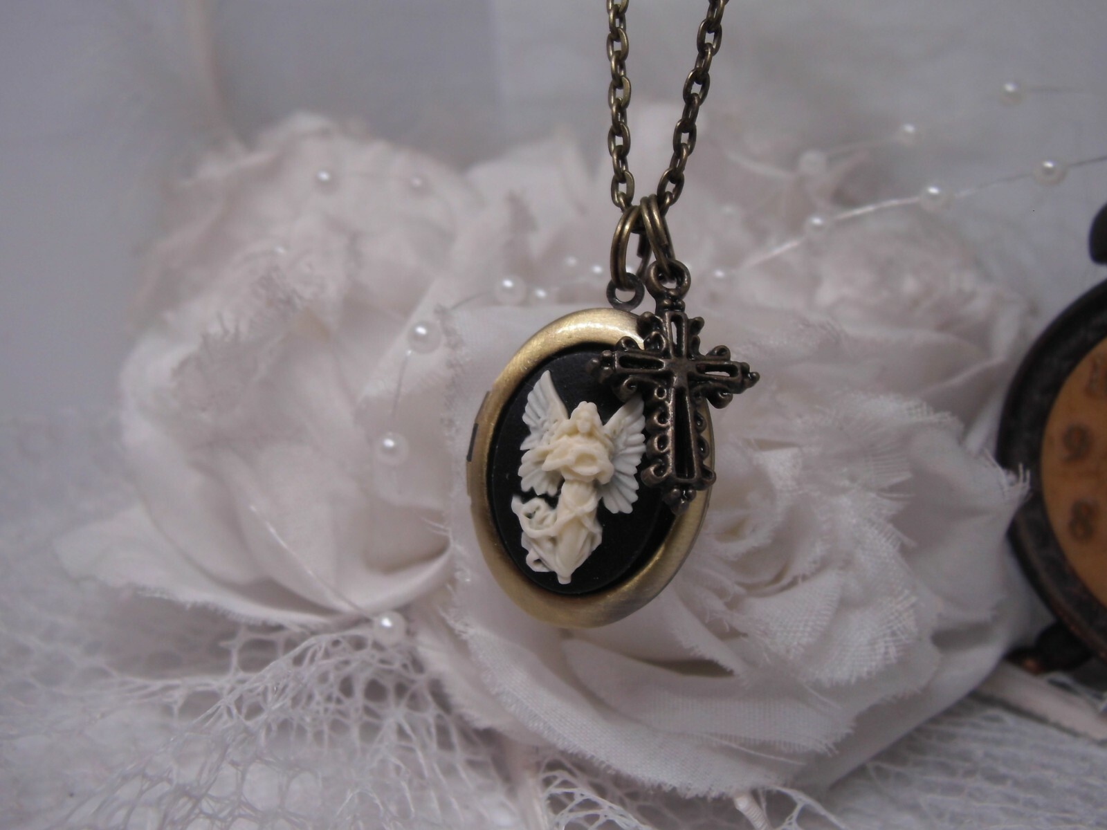 Valentine Prayer Box Bronze Locket Cameo Necklace Pendant photo keepsake Angel