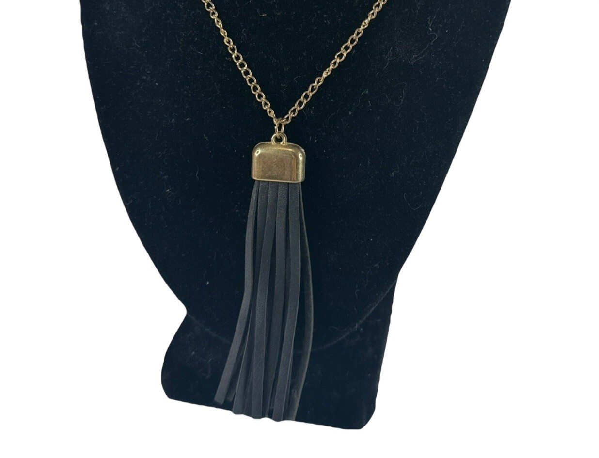 Faux Leather Tassel Necklace Gold Tone Chain Costume Jewelry Necklace Boho Goth