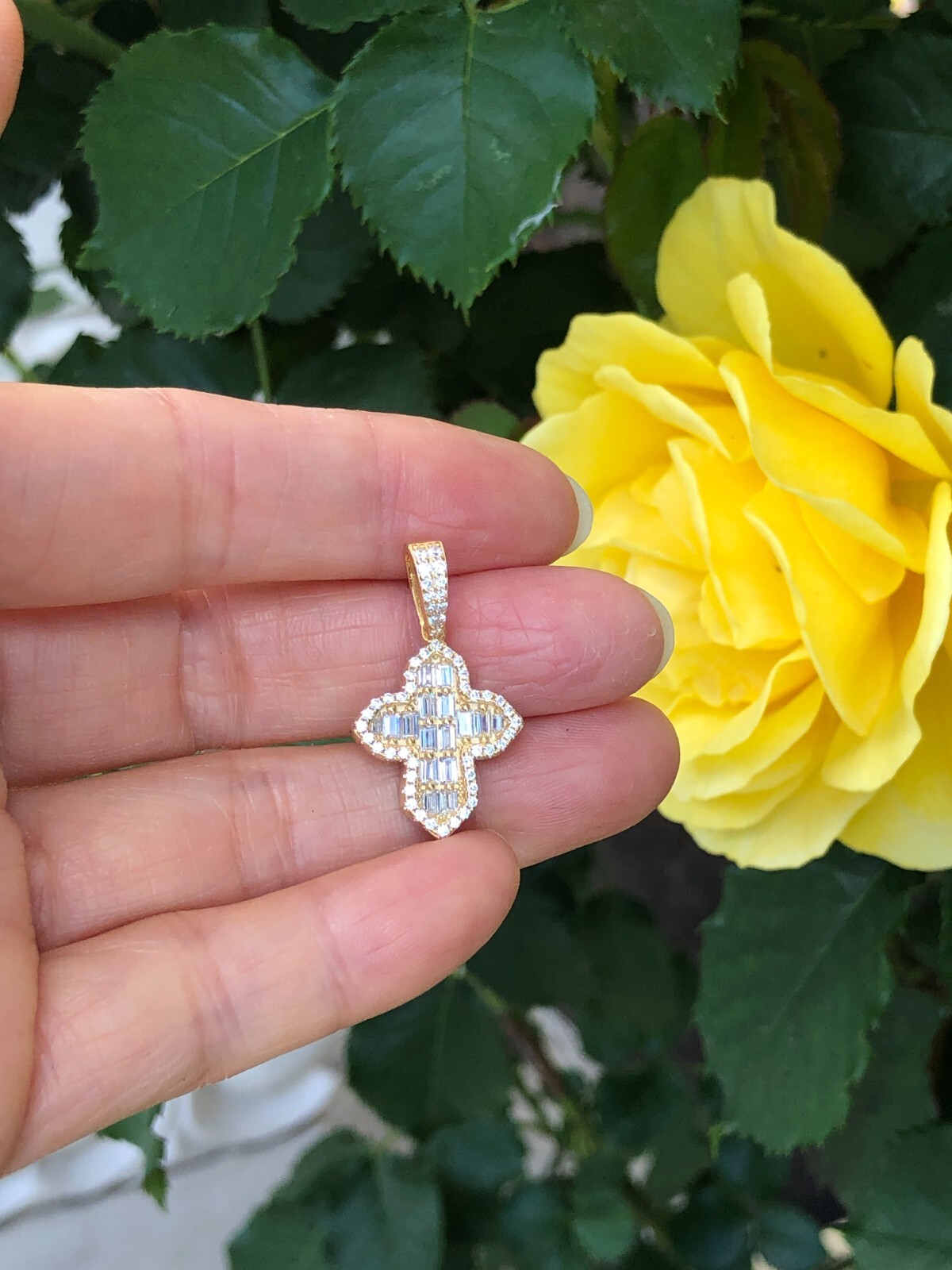 925 Sterling Silver Clover Cross Baguette CZ Gold Pendant Women 17mm0.67″/28mm