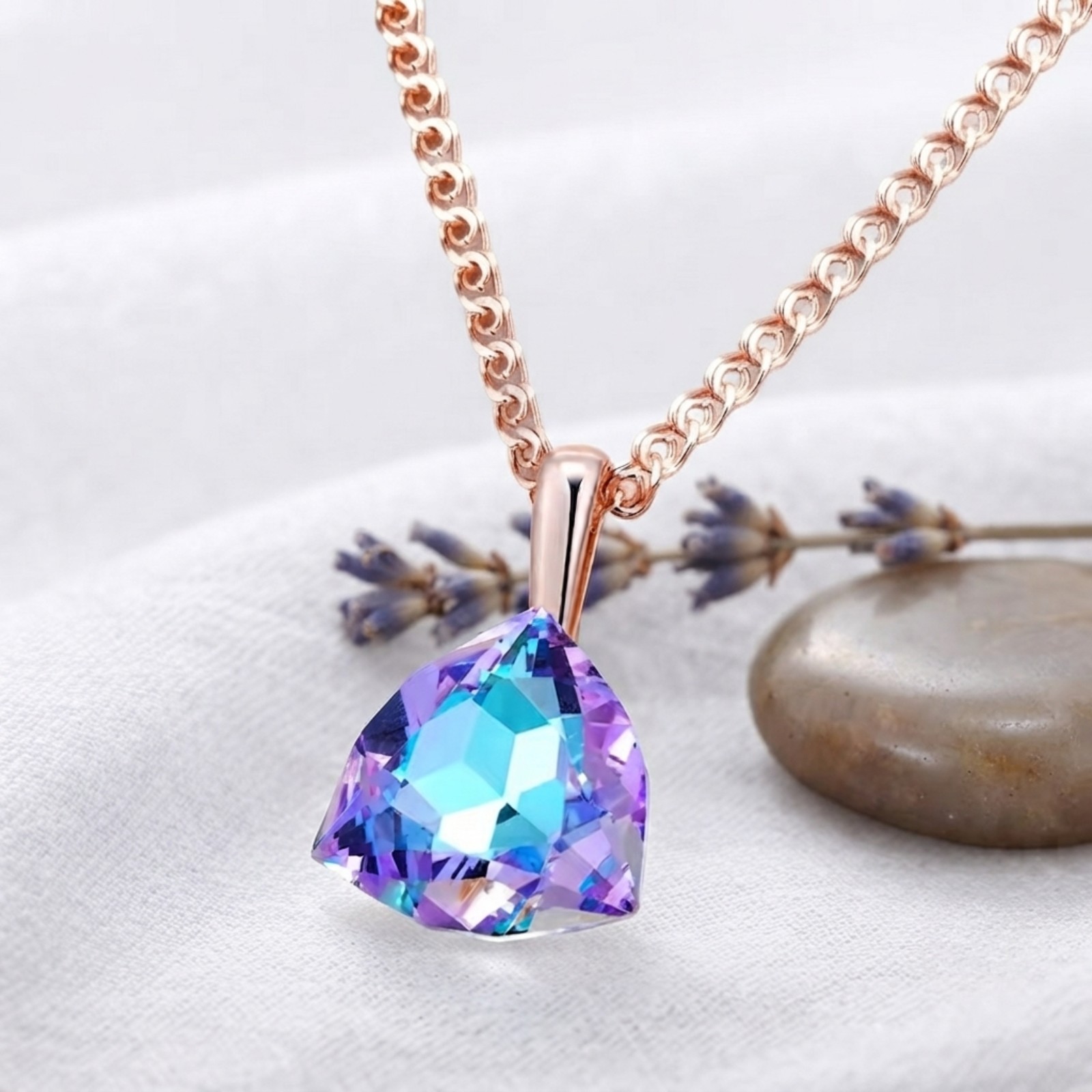 Bi Color Trillion Cut Necklace Rose Gold Cubic Zirconia Pendant Gift for Her