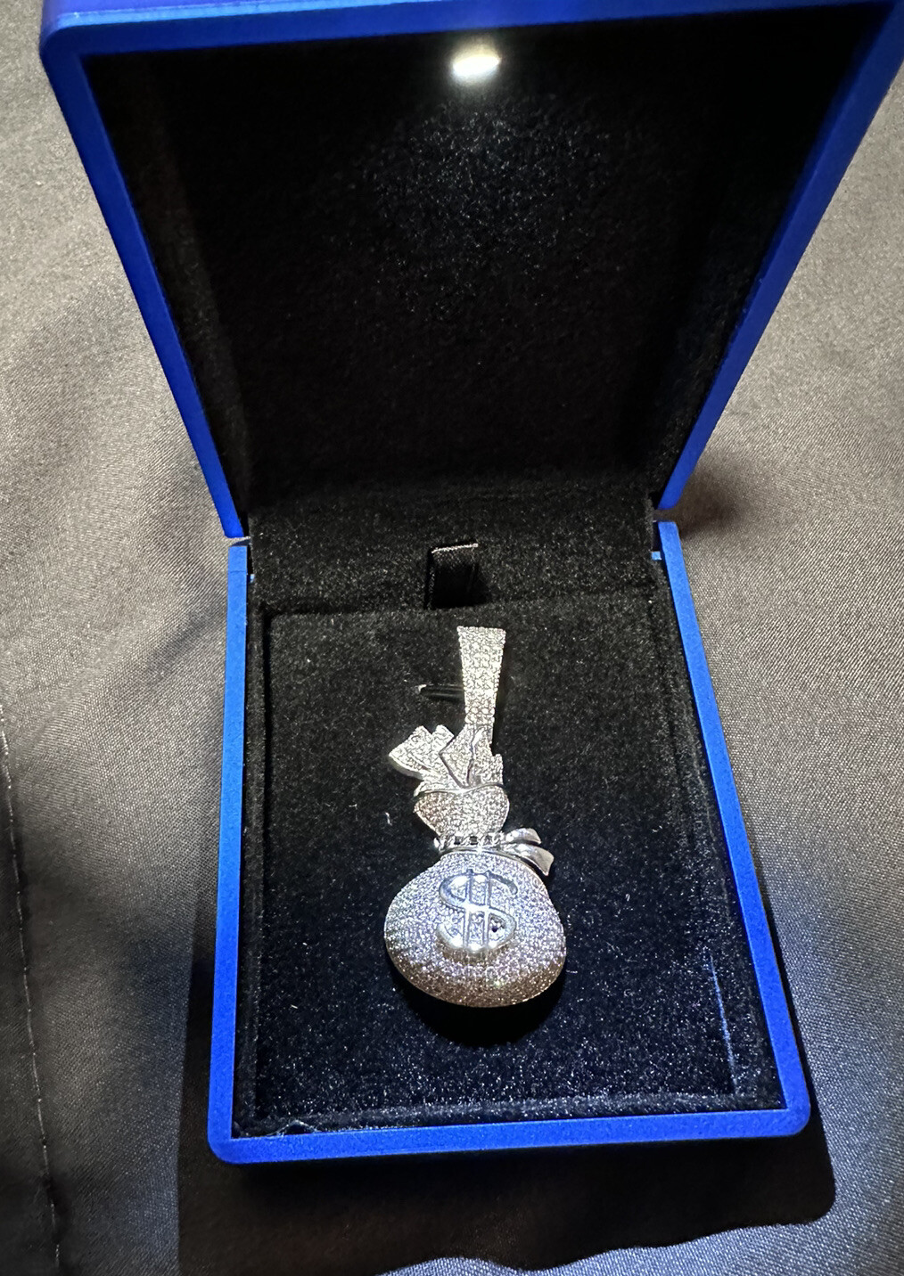 Real 925 Silver Money Bag CZ Piece Super Icy Pendant W Led Display Box
