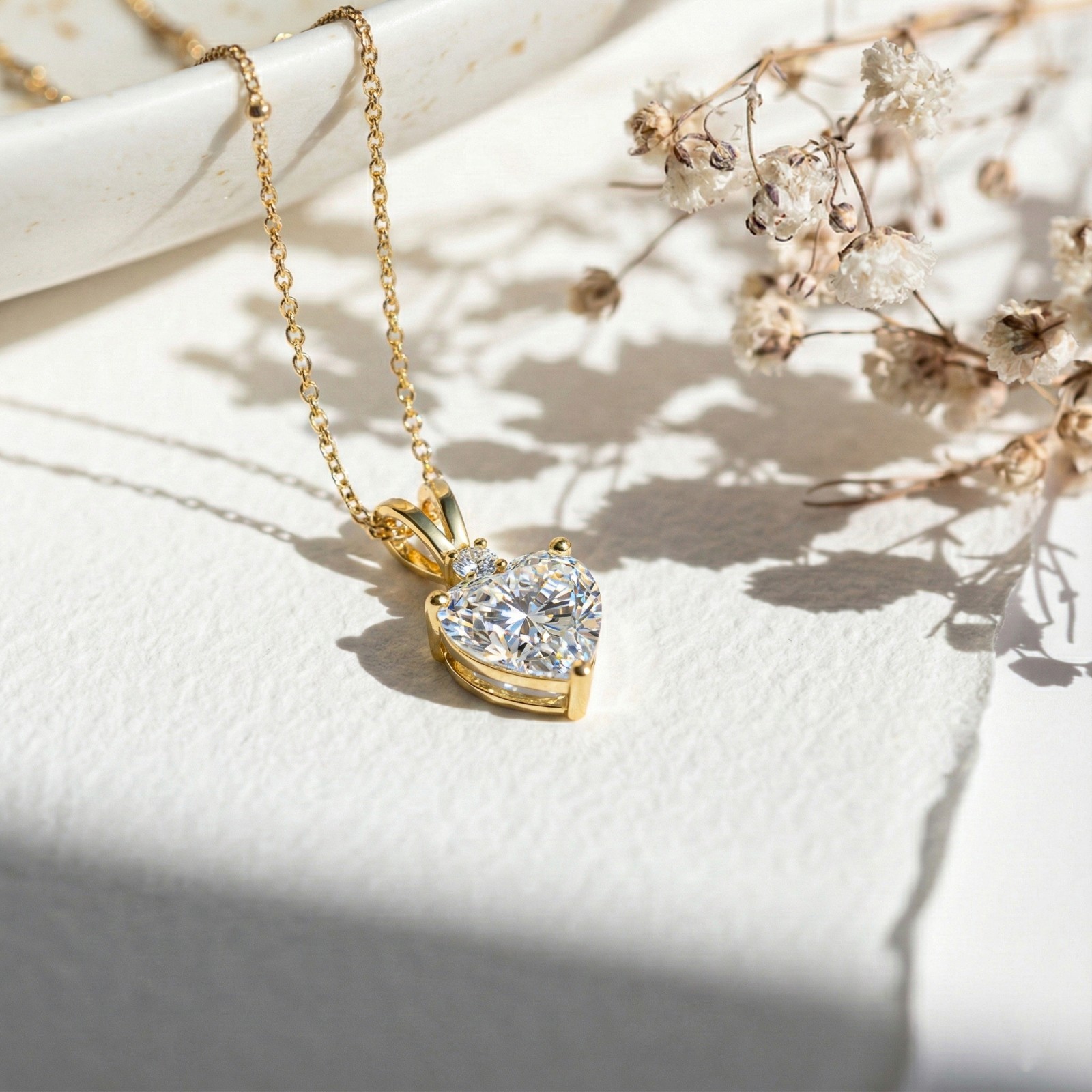 Gold Heart Necklace with Simulated Diamond, Romantic Diamond Pendant For Women