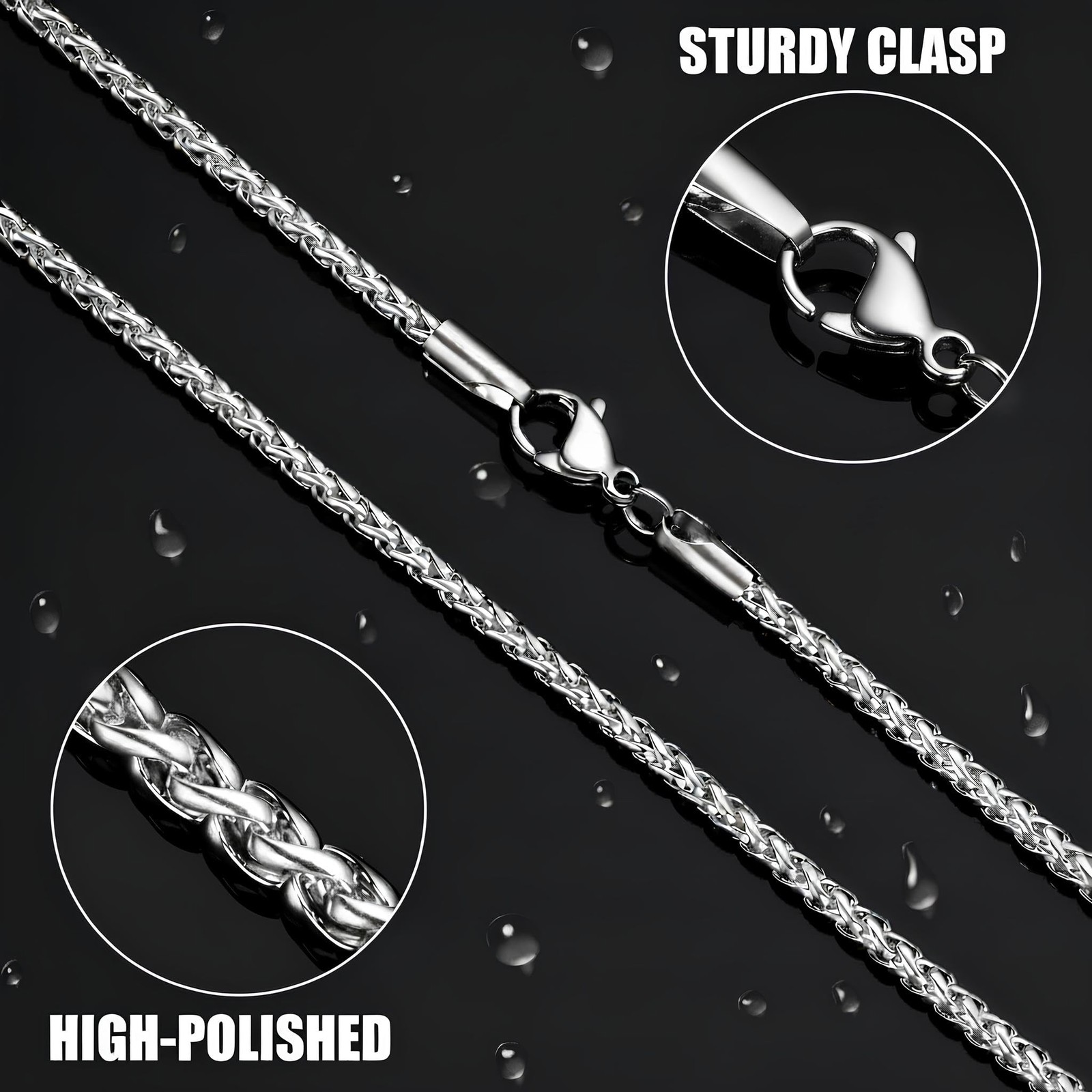 Silver Tone Wheat Chains for Men and Women, 2.5mm Stainless Steel Necklace Ch…