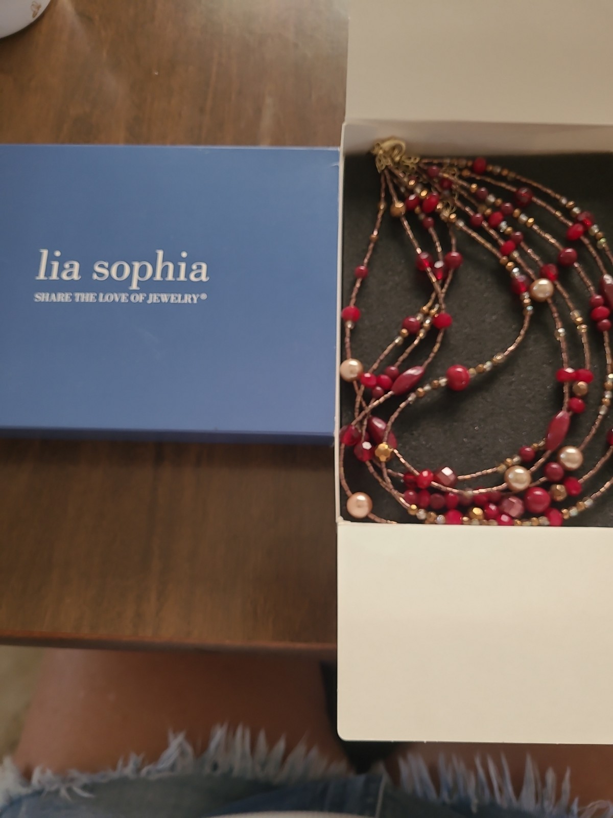 Lia Sophia Layered Red Glass Beaded Necklace Pearl Crystal Gold Tone W/Box