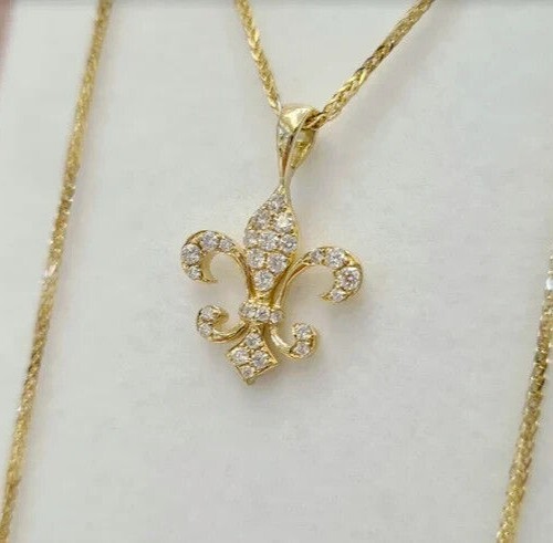 No Chain Round Cut Simulated Diamond Fleur De Lis Pendant 14k Yellow Gold Plated