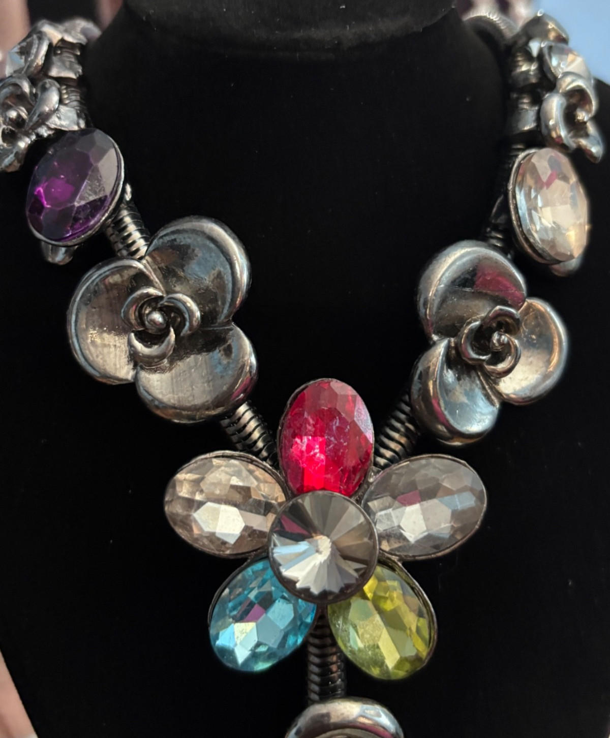 VTG Gunmetal Gray Snake Chain Choker Floral Statement Necklace Multicolor Stones