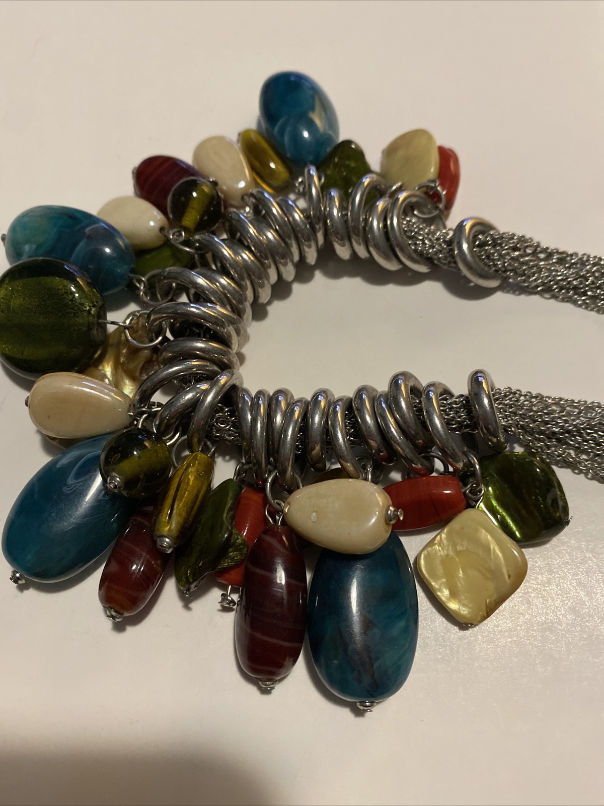 VTG Necklace Chunky Silver Tone With Glass, MOP And Other Unknown Stones By NY