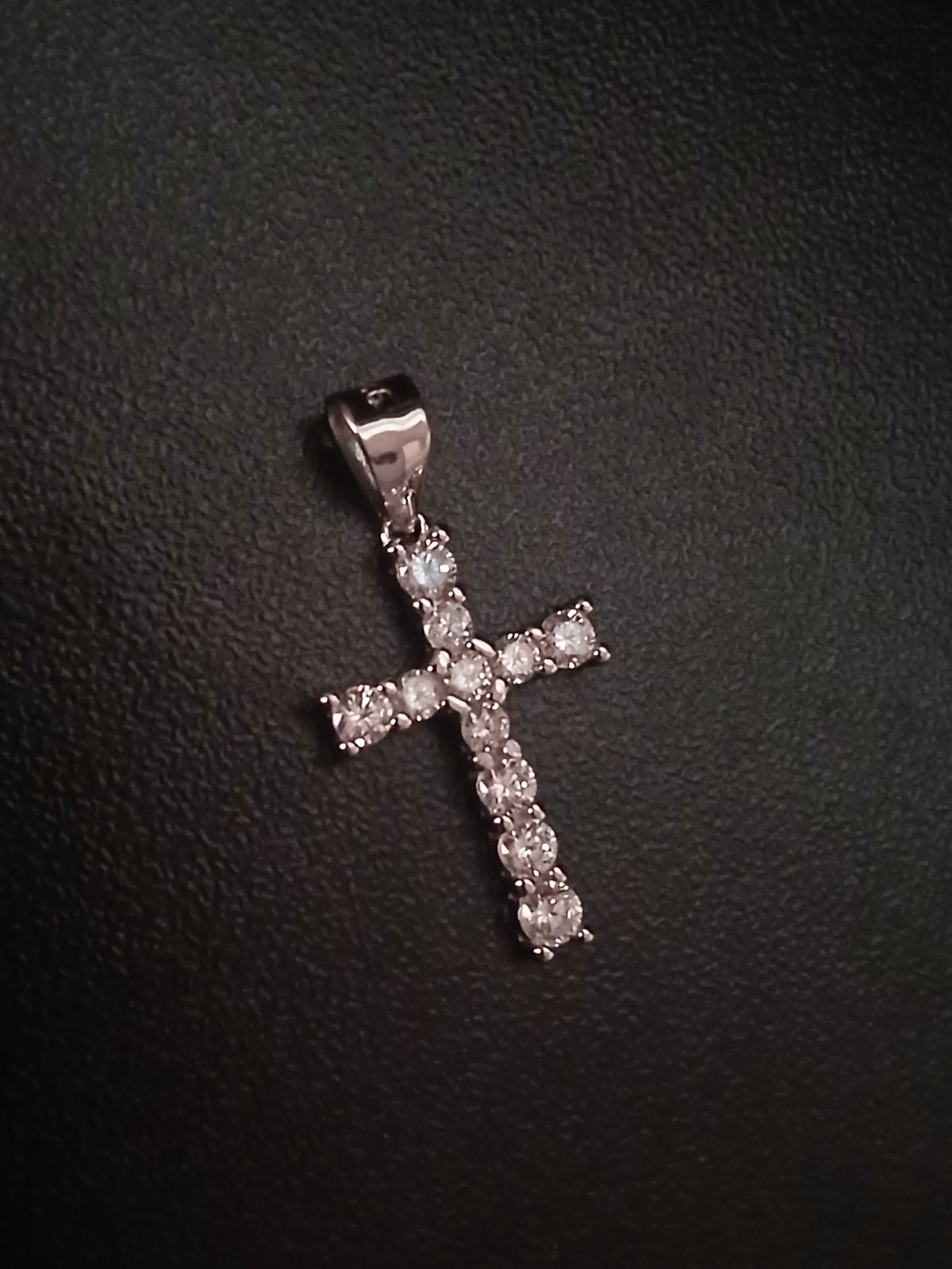 925 Sterling Silver Cross Charm Pendant w/ White/Colorless Round Stones, Signed.