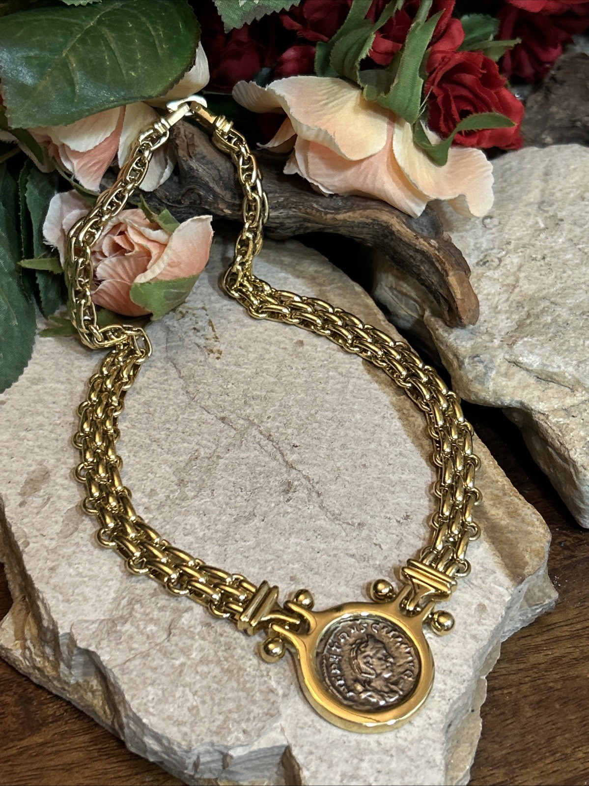 46. Gold tone Faux Roman Coin Basket Braided Chain link Collar Necklace 16 1/2″