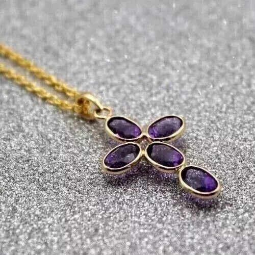 Oval Cut Simulated Purple Amethyst Cross Pendant Chain In 14k Yellow Gold Plated