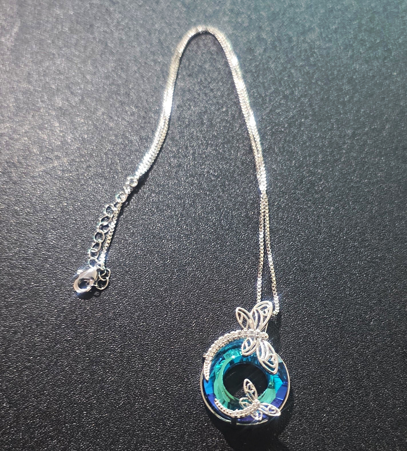 Silver Tone Adjustable Chain Necklace, Blue Crystal Dragonfly Charm Pendant