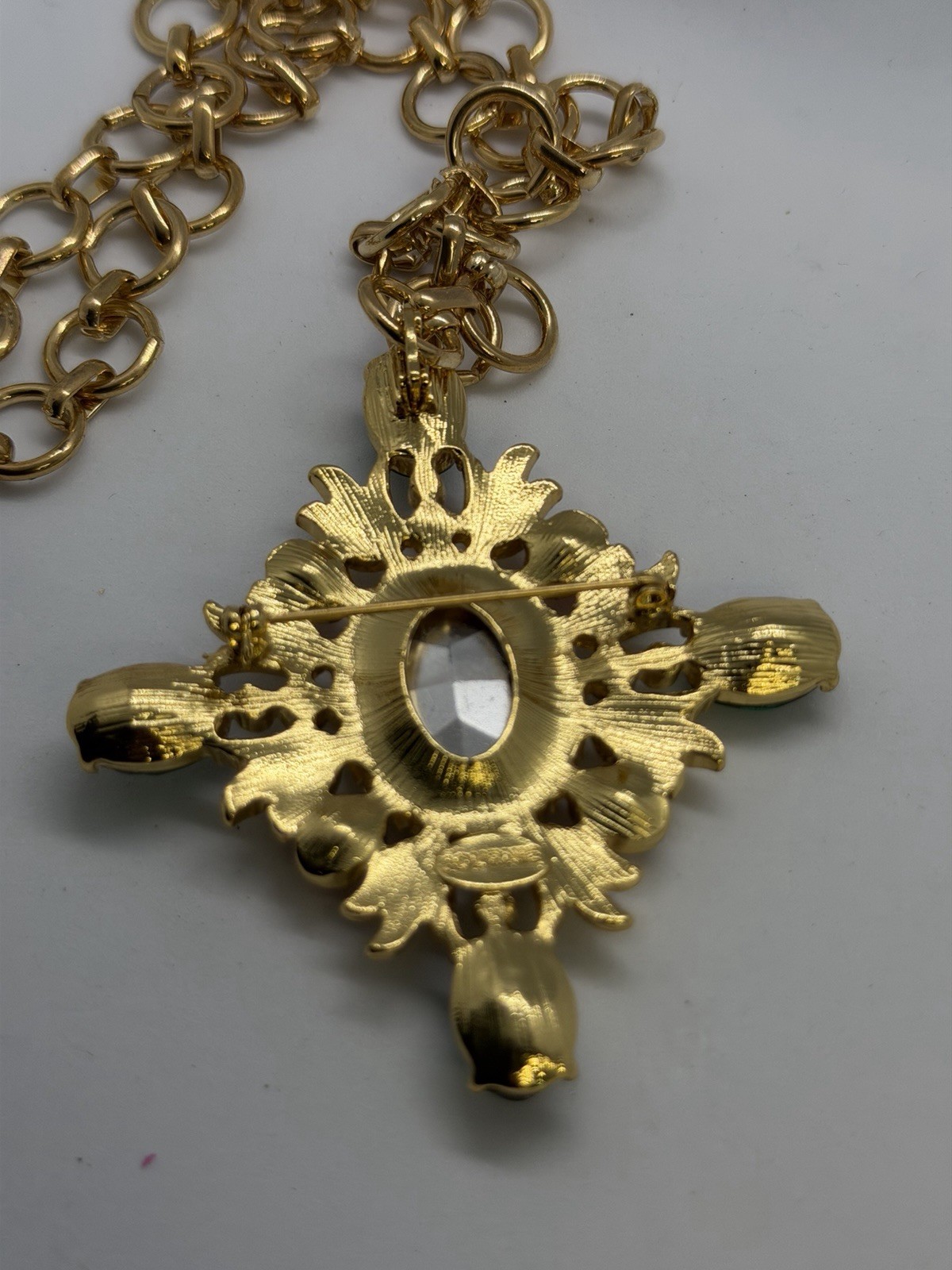 Journie Gold Tone Link Chain Cross Pendant Necklace Green Red Crystal Signed