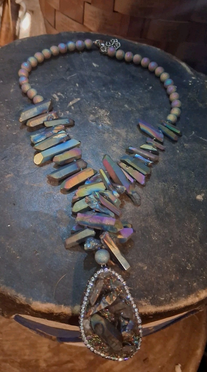 **EXCELLENT RAINBOW TITANIUM QUARTZ CRYSTAL NECKLACE & PENDANT NICE!!*