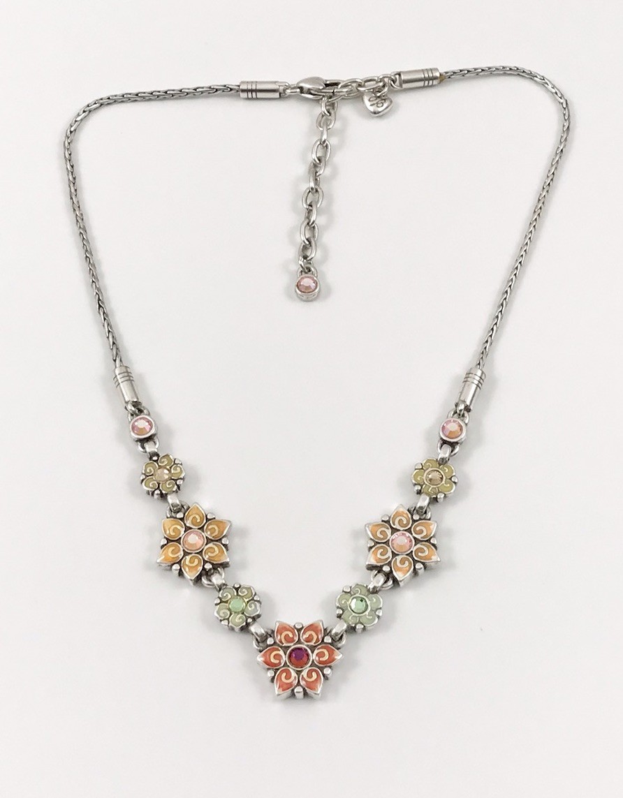 Brighton Garden Of Eden Multi Color Crystal Enamel Silver Flower Necklace. #1160