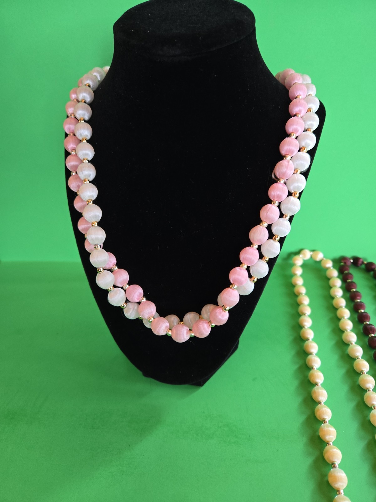 Four Vintage Gold Tone Yellow, Cocoa, White & Pink Silk Satin 14-15″ Necklaces