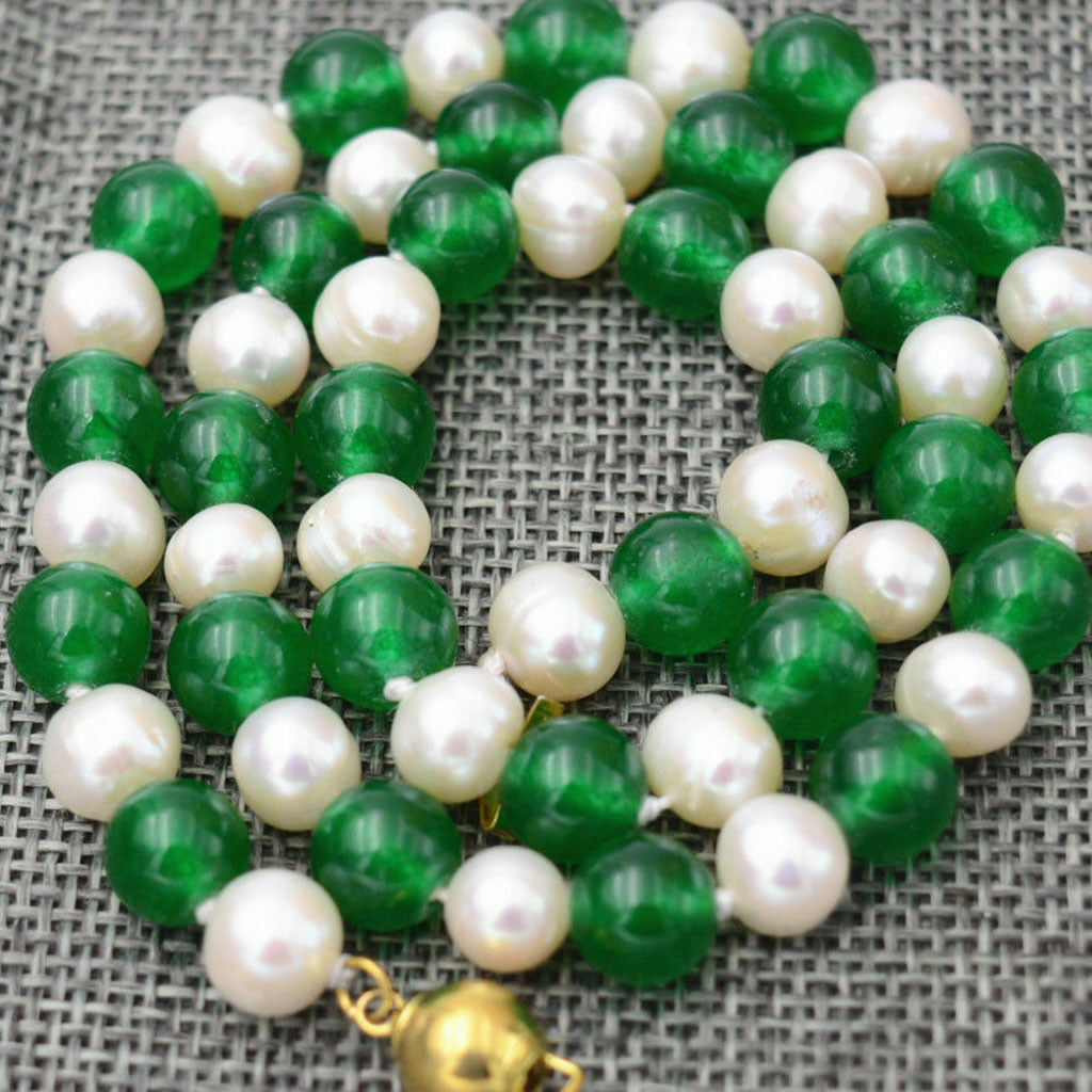 Natural 7-8mm White Pearl & 8mm Green Jade Round Beads Necklace 22in