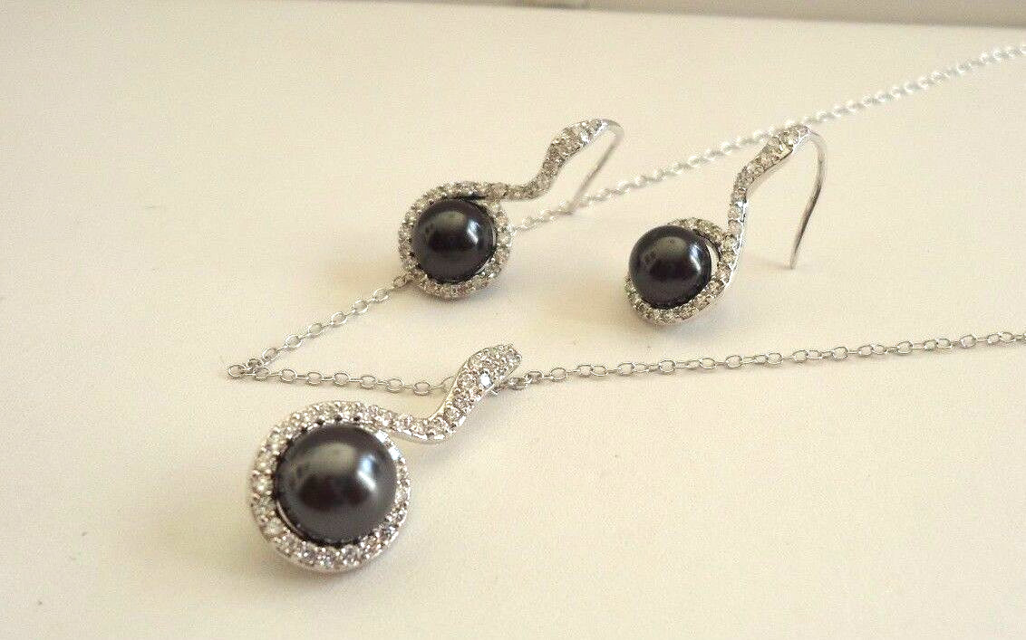 925 STERLING SILVER BLACK PEARL PENDANT & EARRING SET W/ ACCENTS/18”CHAIN