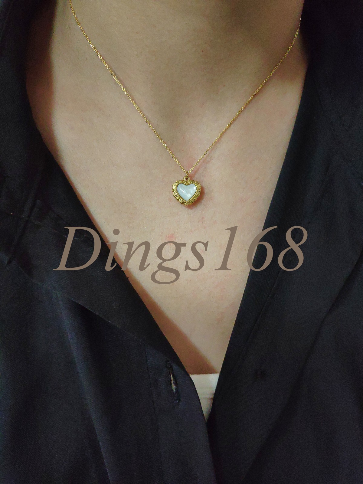18K Yellow Gold Filled White Heart Seashell Pendant 17+2inch Rolo Chain Necklace