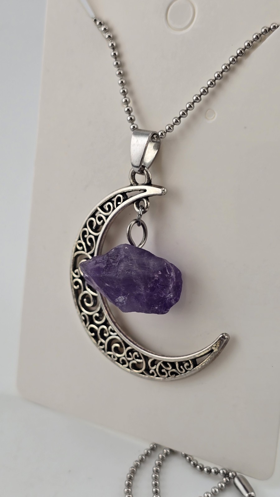 Crescent Moon Necklace with raw amethyst stone dangle, Silver Tone Crescent Moon