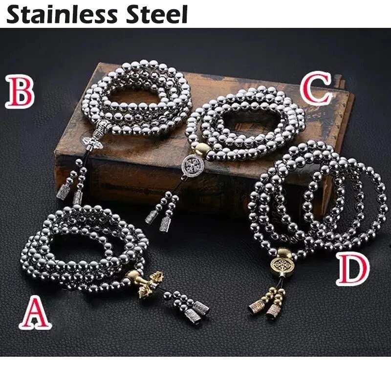 Stainless Steel Buddha Beads Necklace & Destiny Nepal Prayer Hand Bracelet Combo