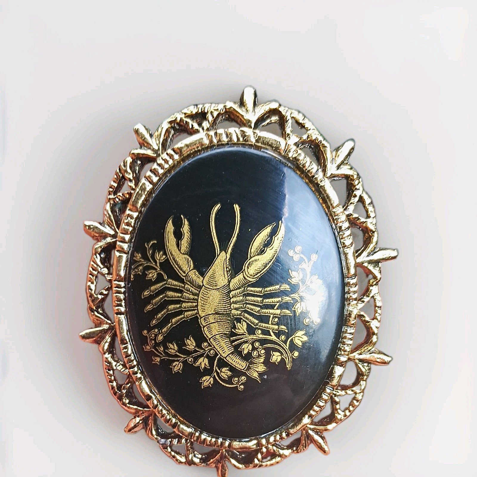 Vintage Black Scorpio Pendant, Gold-Tone Metal Bezel Setting, Ornate Frame