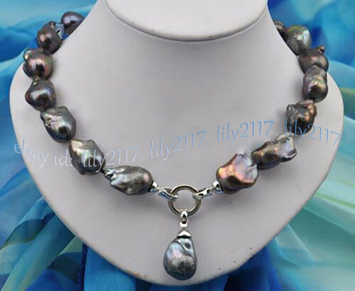 Huge 15-25mm Natural Black Keshi Reborn Baroque Pearl Pendant Necklace 14-32”