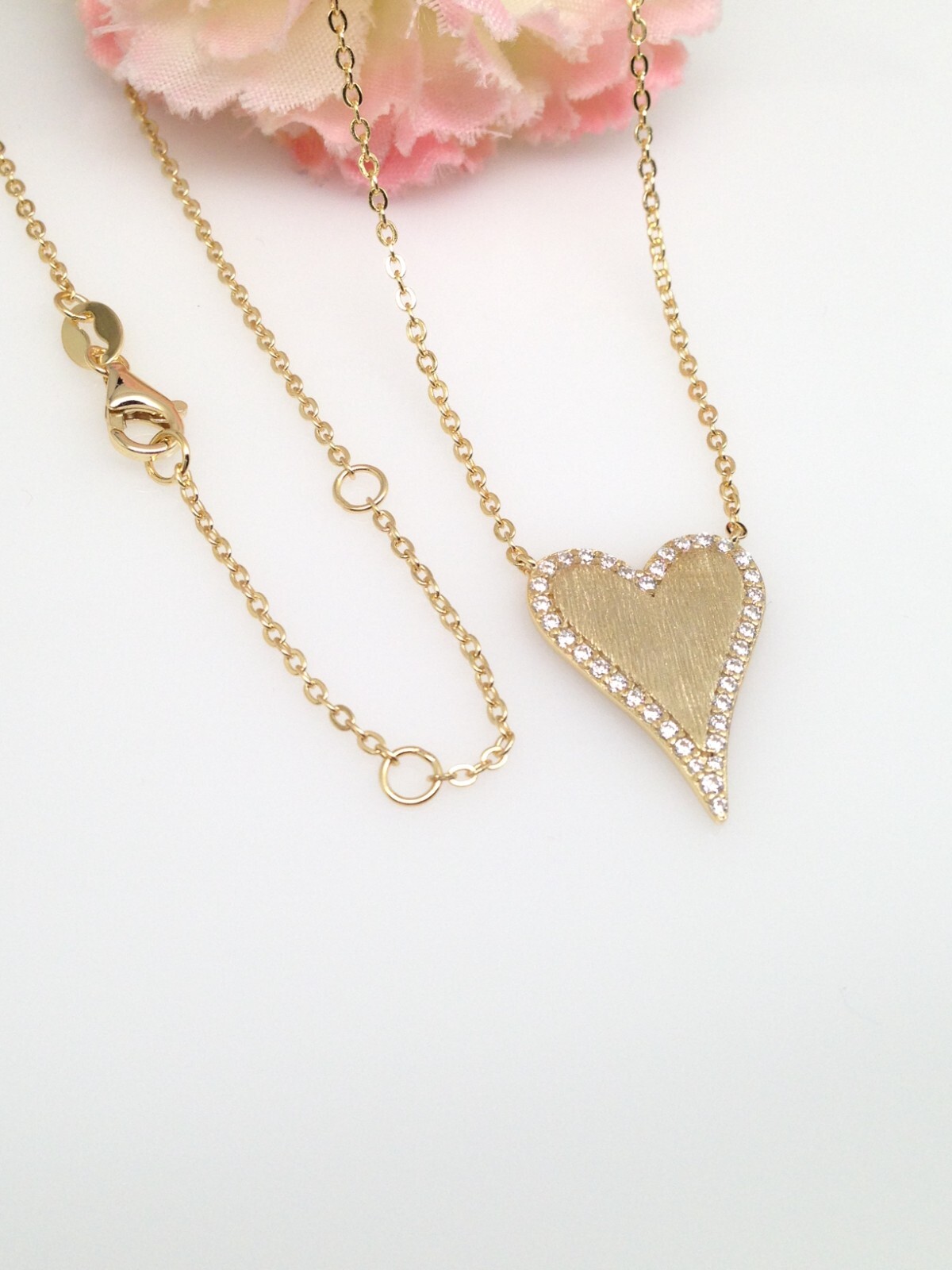 925 Sterling Silver CZ Matte Gold Heart Pendant Necklace Women 19mm/0.75″ 17.5”