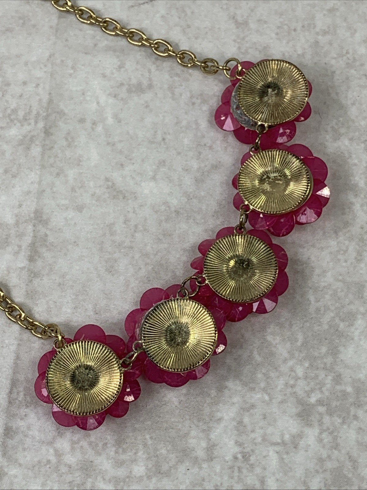 Womans Floral Necklace Pink Fuchsia Flowers and Clear Stones Gold Tone